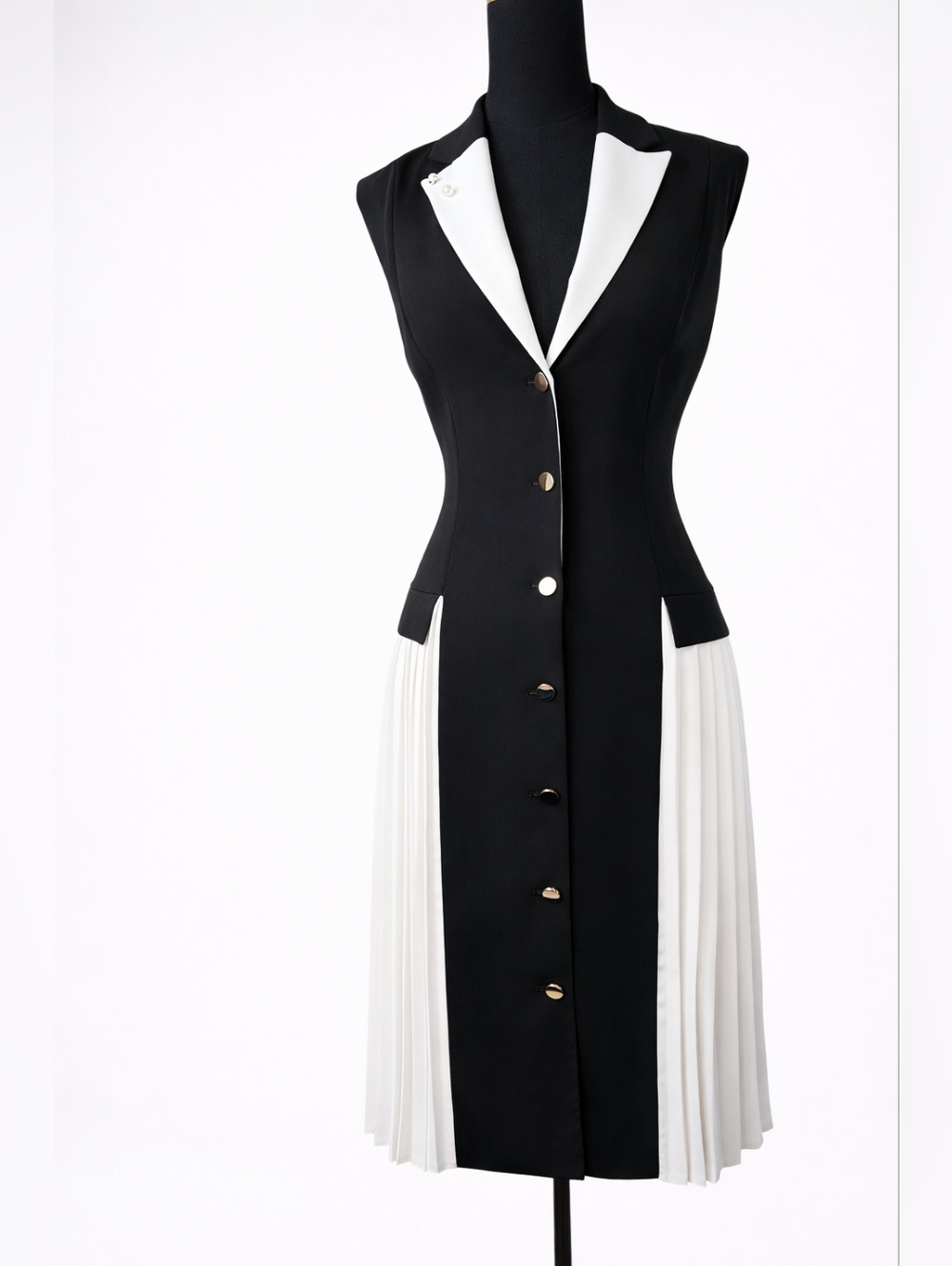 JOSEPH & EREN Paris Black White Pleated Dress Contrast Lapel Button Front US 10 - Picture 3 of 15